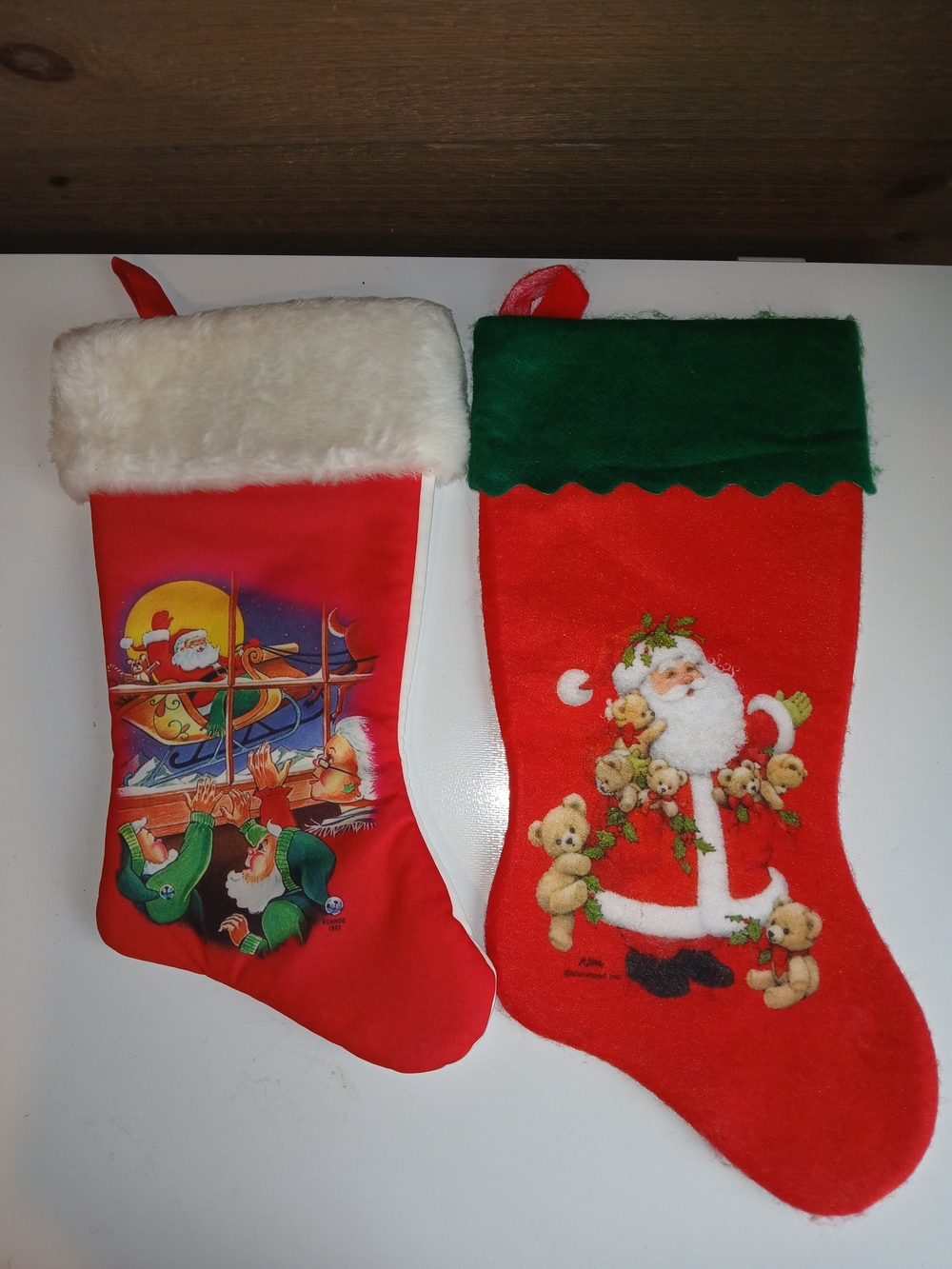 Two Vintage Christmas Stockings Santa, Elves And Cute Bears Nostalgic Decor